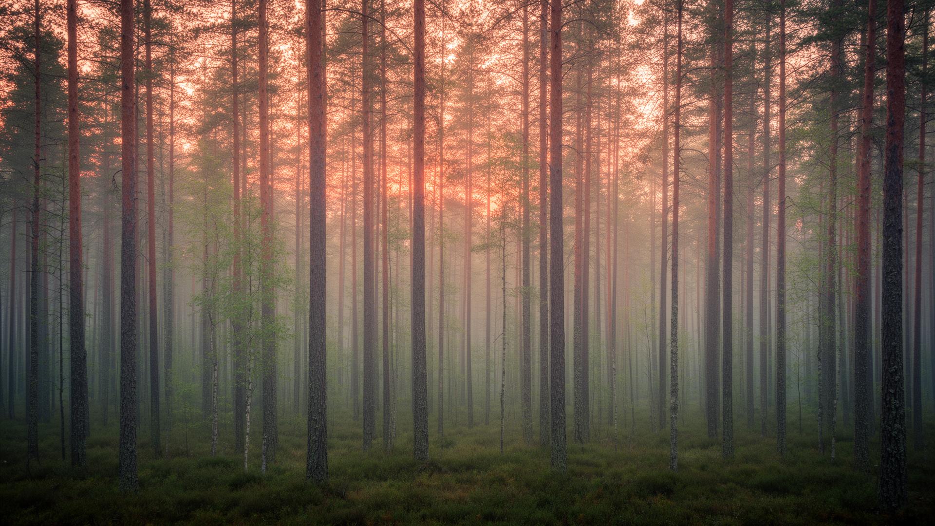 Misty Finnish pine forest at dawn